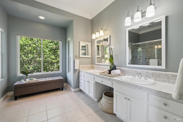 15 Upland Ln, Novato, CA 94945 - full bathroom featuring a shower stall, tile patterned floors, crown molding, and double vanity