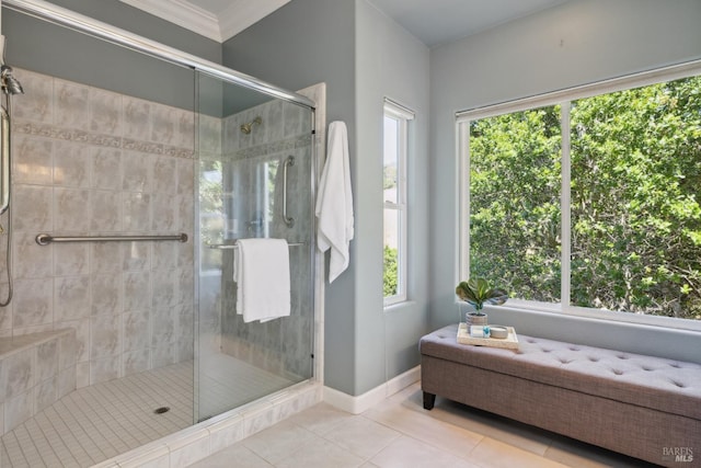 15 Upland Ln, Novato, CA 94945 - full bathroom featuring tile patterned floors, healthy amount of natural light, a stall shower, baseboards, and crown molding