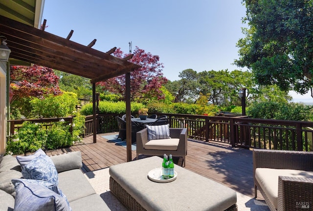 15 Upland Ln, Novato, CA 94945 - wooden deck with outdoor dining area, a pergola, and an outdoor living space