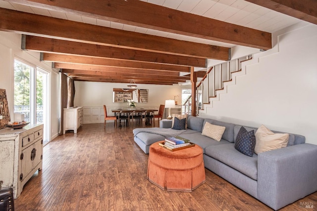 1114 Mount George Ave, Napa, CA 94558 - living room with beamed ceiling, stairs, and wood finished floors