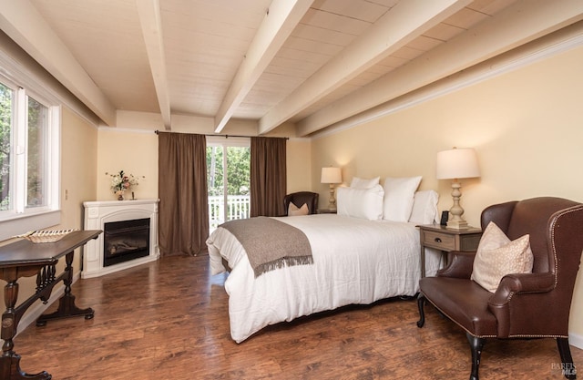 1114 Mount George Ave, Napa, CA 94558 - bedroom featuring beamed ceiling, wood finished floors, a glass covered fireplace, and access to outside