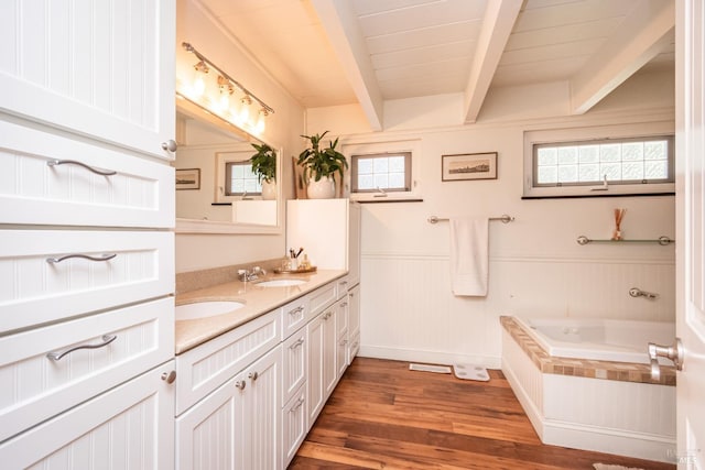 1114 Mount George Ave, Napa, CA 94558 - full bath featuring double vanity, healthy amount of natural light, wood finished floors, beamed ceiling, and a bath