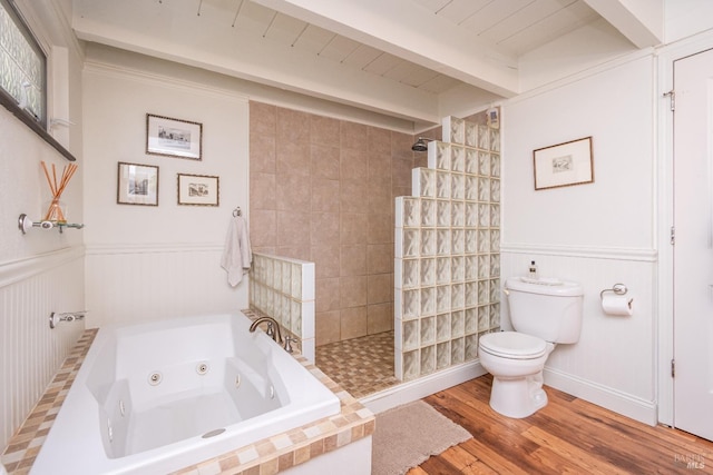 1114 Mount George Ave, Napa, CA 94558 - full bathroom with toilet, a jetted tub, walk in shower, beam ceiling, and wood finished floors