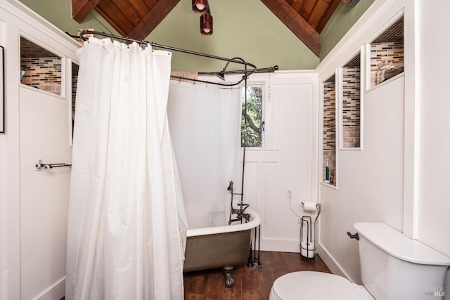 1114 Mount George Ave, Napa, CA 94558 - full bath with wood finished floors, toilet, a freestanding tub, wooden ceiling, and curtained shower