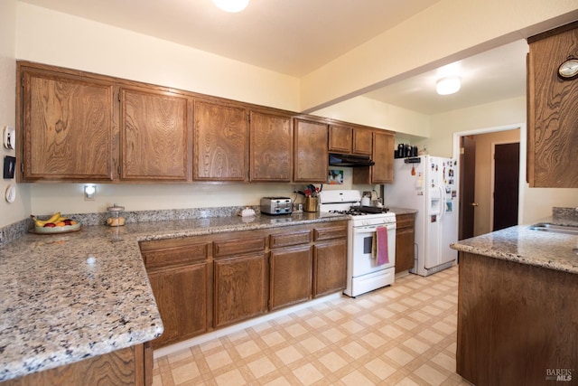 2698 Reuben Ct, Napa, CA 94558 - kitchen featuring white appliances, under cabinet range hood, light floors, a sink, and light stone countertops