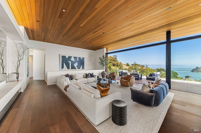 2215 Vistazo St E, Tiburon, CA 94920 - living area featuring wood finished floors, a water view, healthy amount of natural light, wooden ceiling, and floor to ceiling windows