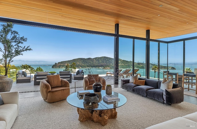 2215 Vistazo St E, Tiburon, CA 94920 - living room featuring a water and mountain view, wood ceiling, and a wall of windows