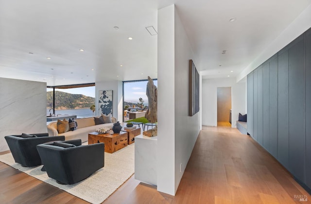 2215 Vistazo St E, Tiburon, CA 94920 - hall featuring light wood-style floors, recessed lighting, and a wall of windows