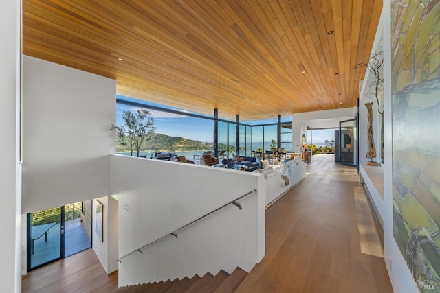 2215 Vistazo St E, Tiburon, CA 94920 - hallway with wooden ceiling, wood finished floors, plenty of natural light, and an upstairs landing