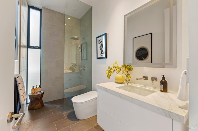 2215 Vistazo St E, Tiburon, CA 94920 - full bathroom with walk in shower, toilet, tile patterned floors, and vanity