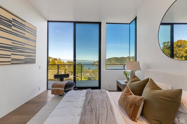 2215 Vistazo St E, Tiburon, CA 94920 - bedroom featuring access to outside, wood finished floors, a mountain view, and floor to ceiling windows