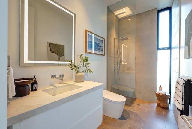 2215 Vistazo St E, Tiburon, CA 94920 - bathroom with walk in shower, toilet, vanity, and tile patterned flooring