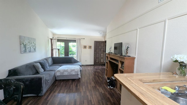 1084 Rubicon Way, Santa Rosa, CA 95401 - living room with french doors, vaulted ceiling, and dark wood-style floors