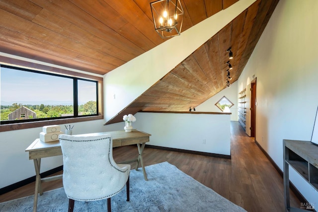 5900 Blank Rd, Sebastopol, CA 95472 - home office featuring wood ceiling, baseboards, wood finished floors, a chandelier, and rail lighting