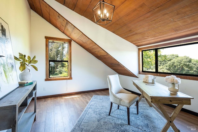 5900 Blank Rd, Sebastopol, CA 95472 - office space featuring vaulted ceiling, baseboards, wooden ceiling, hardwood / wood-style floors, and a chandelier