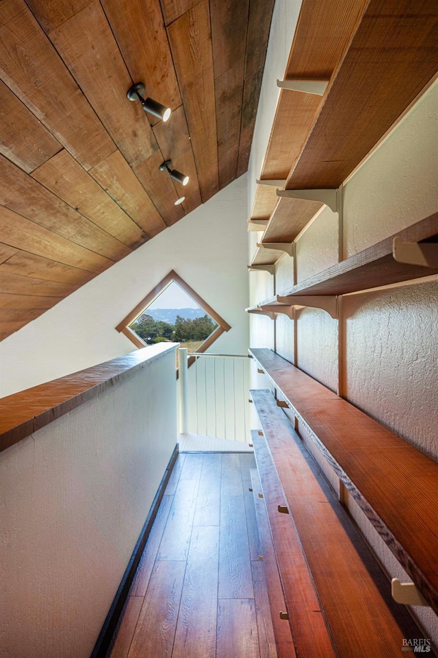 5900 Blank Rd, Sebastopol, CA 95472 - hall featuring wooden ceiling, hardwood / wood-style flooring, an upstairs landing, and vaulted ceiling