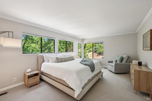 280 Oakcrest Rd, San Anselmo, CA 94960 - bedroom featuring multiple windows, light carpet, ornamental molding, and baseboards
