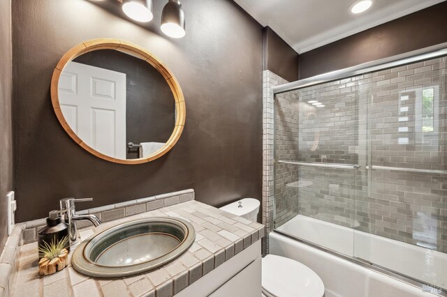 280 Oakcrest Rd, San Anselmo, CA 94960 - full bath with toilet, shower / bath combination with glass door, crown molding, and vanity