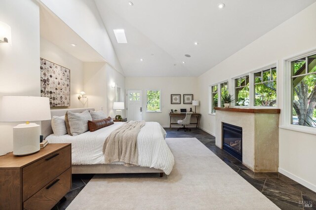 41 Cypress Rd, Point Reyes Station, CA 94956 - bedroom with baseboards, high vaulted ceiling, recessed lighting, a fireplace with flush hearth, and a skylight
