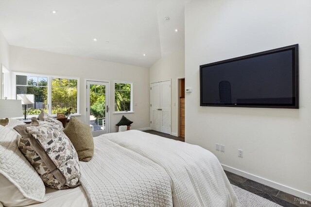 41 Cypress Rd, Point Reyes Station, CA 94956 - bedroom with baseboards, high vaulted ceiling, recessed lighting, and a closet