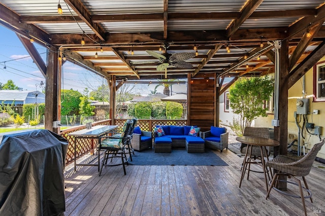 1225 Arkansas St, Vallejo, CA 94590 - deck featuring outdoor lounge area, a ceiling fan, and a grill