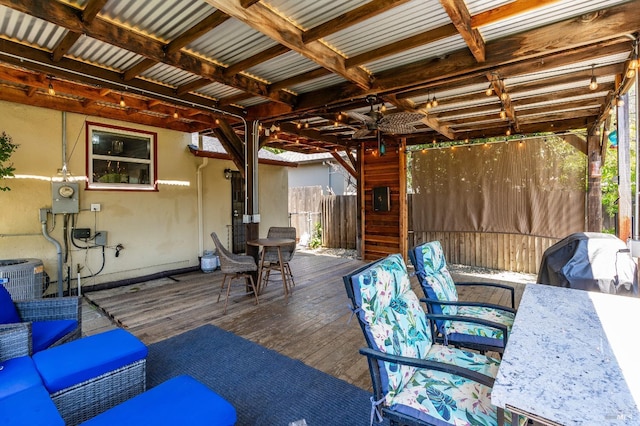 1225 Arkansas St, Vallejo, CA 94590 - wooden deck featuring central AC unit, outdoor dining space, and electric panel