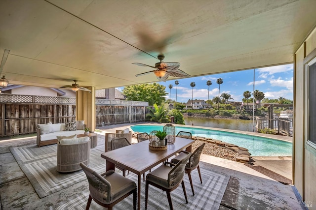 687 Cabot Way, Napa, CA 94559 - fenced backyard featuring ceiling fan, a patio, a water view, and an outdoor living space