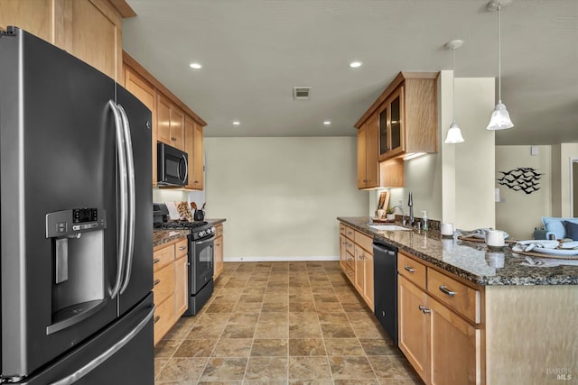 687 Cabot Way, Napa, CA 94559 - kitchen featuring black appliances, glass insert cabinets, a sink, baseboards, and dark stone counters