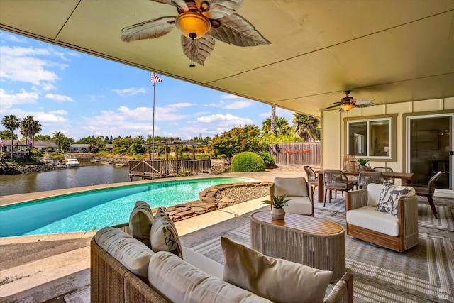 687 Cabot Way, Napa, CA 94559 - outdoor pool with ceiling fan, outdoor lounge area, a patio, and a water view