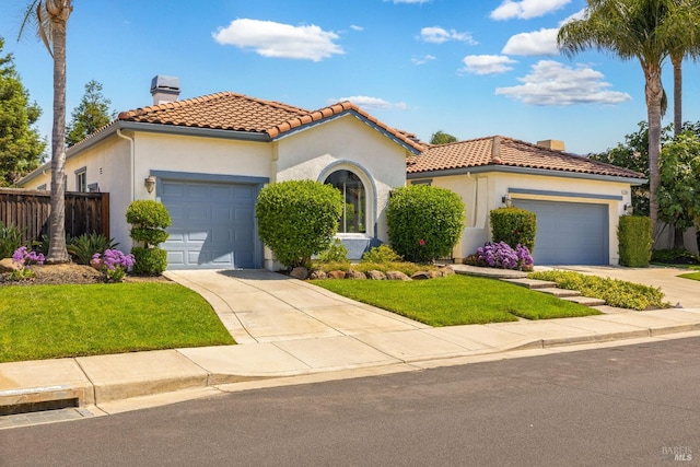 1283 Prominent Dr, Brentwood, CA 94513 - mediterranean / spanish-style house featuring a chimney, a tile roof, an attached garage, concrete driveway, and stucco siding