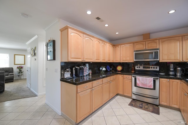 433 Freeway Dr, Napa, CA 94558 - kitchen featuring appliances with stainless steel finishes, ornamental molding, recessed lighting, open floor plan, and light tile patterned floors