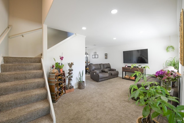 433 Freeway Dr, Napa, CA 94558 - carpeted living room featuring stairway, recessed lighting, and baseboards