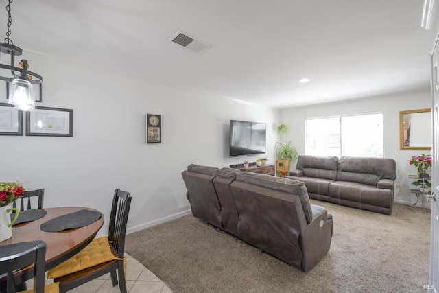 433 Freeway Dr, Napa, CA 94558 - living room featuring light colored carpet, light tile patterned flooring, crown molding, baseboards, and recessed lighting
