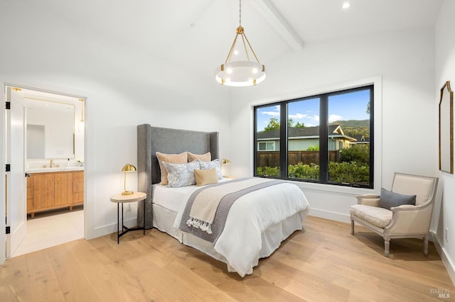 1597 Arrowhead Dr, Saint Helena, CA 94574 - bedroom featuring light wood-type flooring, a sink, ensuite bath, baseboards, and recessed lighting