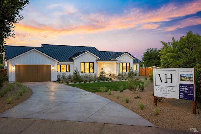 1597 Arrowhead Dr, Saint Helena, CA 94574 - modern farmhouse with a standing seam roof, board and batten siding, a garage, driveway, and metal roof