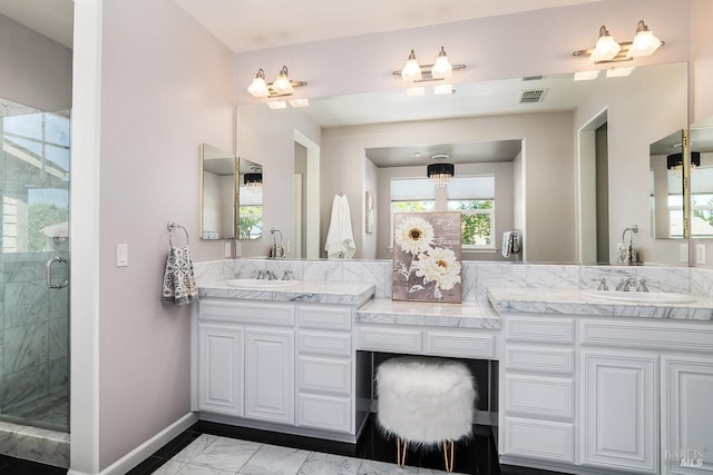 4 San Pablo Ct, Novato, CA 94949 - bathroom featuring marble finish floors, a stall shower, double vanity, and baseboards