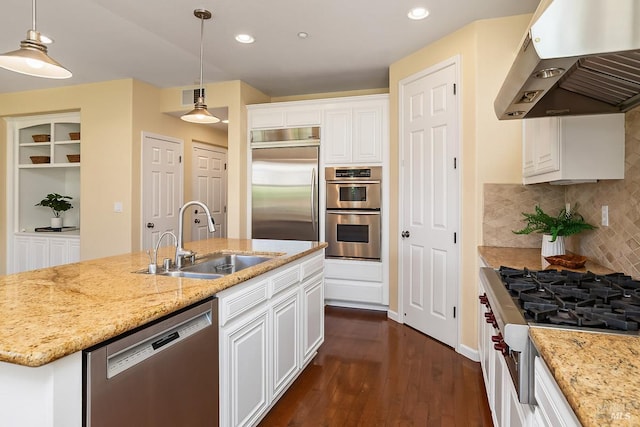 4 San Pablo Ct, Novato, CA 94949 - kitchen featuring under cabinet range hood, stainless steel appliances, a sink, dark wood finished floors, and white cabinets