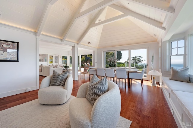 22 Eucalyptus Rd, Belvedere, CA 94920 - living room featuring beam ceiling, wood finished floors, high vaulted ceiling, and baseboards