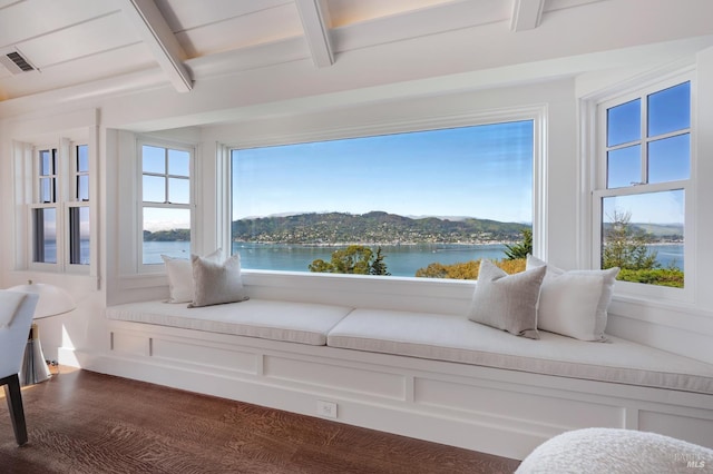 22 Eucalyptus Rd, Belvedere, CA 94920 - living area with beamed ceiling, a water view, and healthy amount of natural light