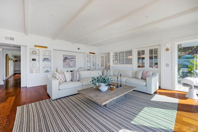 22 Eucalyptus Rd, Belvedere, CA 94920 - living area with beamed ceiling and wood finished floors