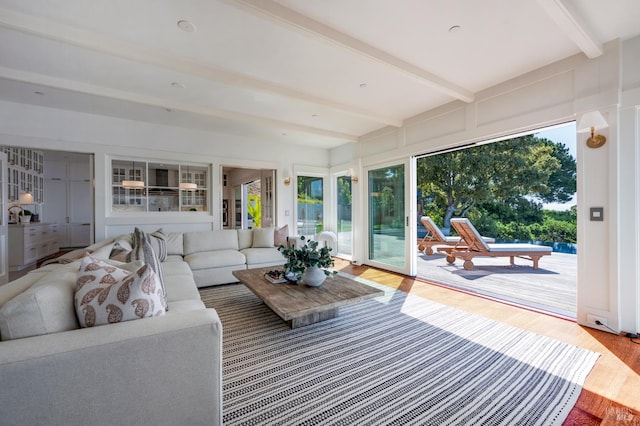 22 Eucalyptus Rd, Belvedere, CA 94920 - living area featuring beamed ceiling and wood finished floors