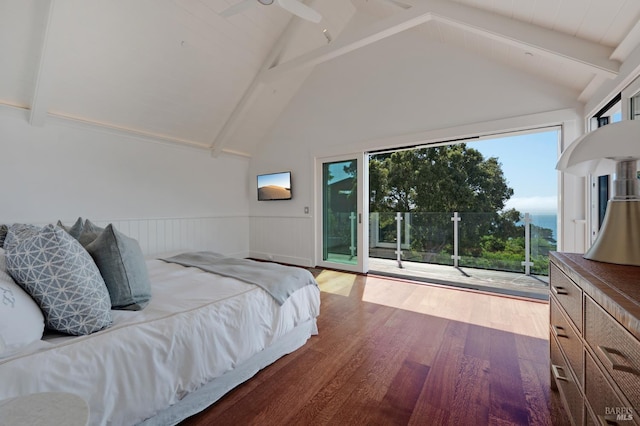 22 Eucalyptus Rd, Belvedere, CA 94920 - bedroom with access to exterior, beam ceiling, wood finished floors, high vaulted ceiling, and wainscoting