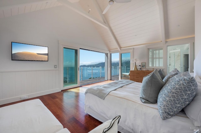 22 Eucalyptus Rd, Belvedere, CA 94920 - bedroom with access to outside, wood finished floors, beamed ceiling, wainscoting, and high vaulted ceiling