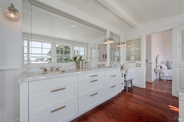 22 Eucalyptus Rd, Belvedere, CA 94920 - full bath featuring wood finished floors, double vanity, and wood ceiling
