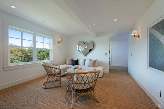 22 Eucalyptus Rd, Belvedere, CA 94920 - dining room featuring carpet flooring, recessed lighting, baseboards, and beamed ceiling