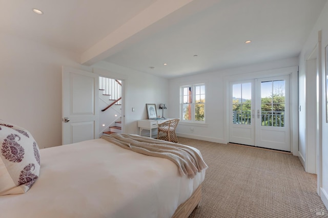 22 Eucalyptus Rd, Belvedere, CA 94920 - bedroom featuring light colored carpet, access to exterior, recessed lighting, baseboards, and beamed ceiling