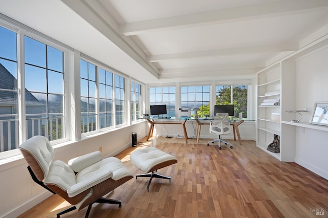 22 Eucalyptus Rd, Belvedere, CA 94920 - office area with plenty of natural light, wood finished floors, beam ceiling, and baseboards