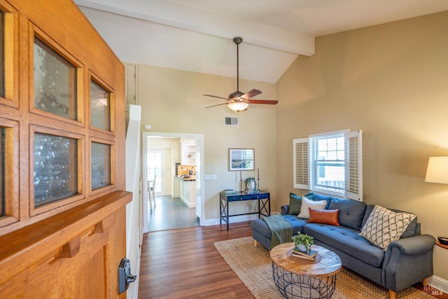 632 E K St, Benicia, CA 94510 - living room featuring beamed ceiling, dark wood-style flooring, ceiling fan, baseboards, and high vaulted ceiling
