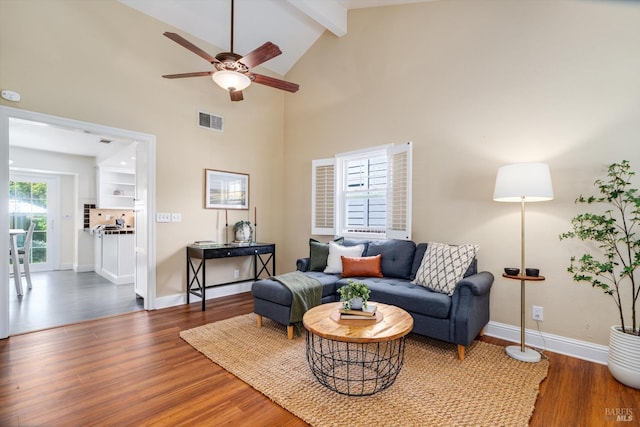 632 E K St, Benicia, CA 94510 - living area with wood finished floors, ceiling fan, beamed ceiling, baseboards, and high vaulted ceiling