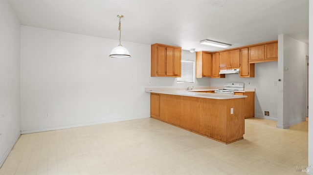 1191 Araquipa Ct, Vacaville, CA 95687 - kitchen featuring white stove, under cabinet range hood, a peninsula, and light countertops